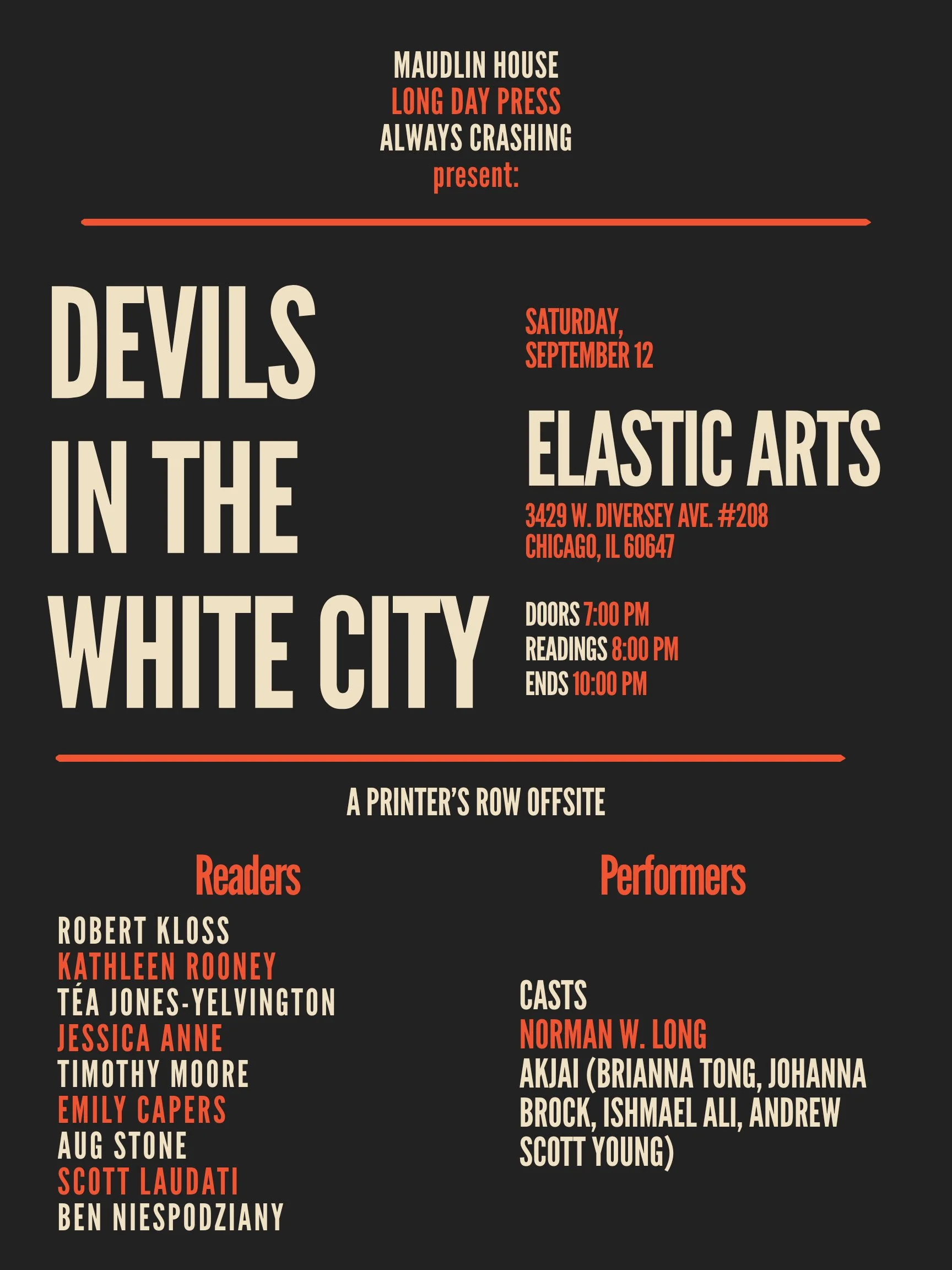 Maudlin House, Long Day Press, and Always Crashing present: Devils in the White City, a Printers Row Offsite
